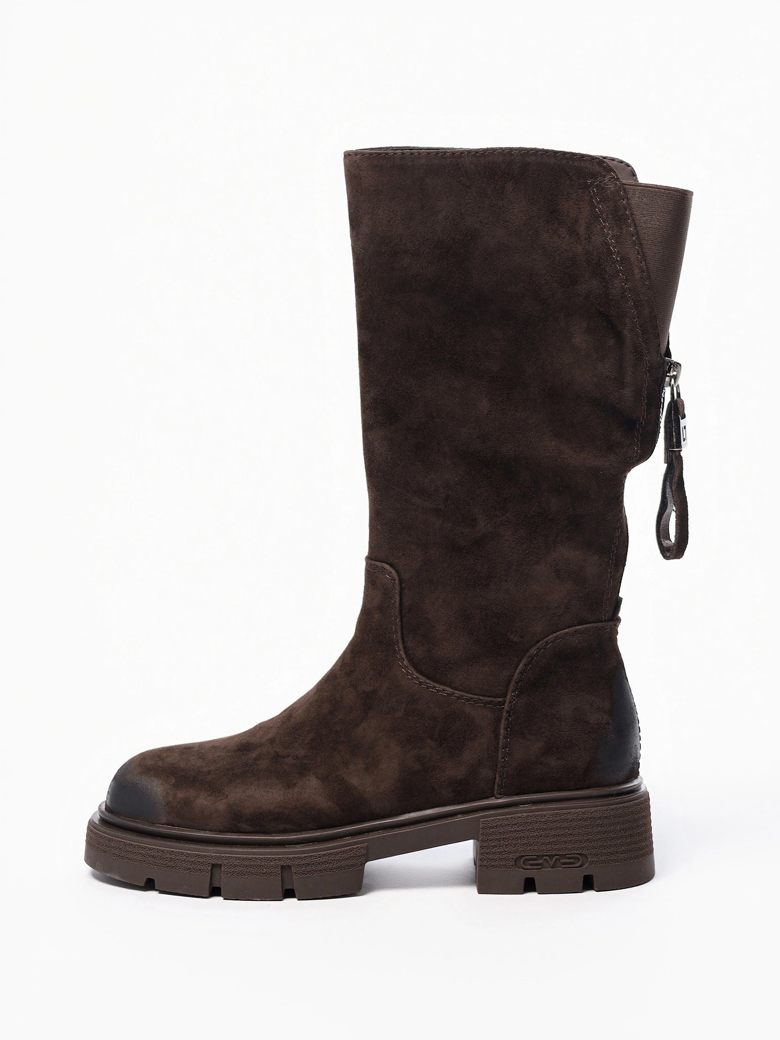 Сапоги темно-коричневого цвета с декоративной молнией на рельефной подошве